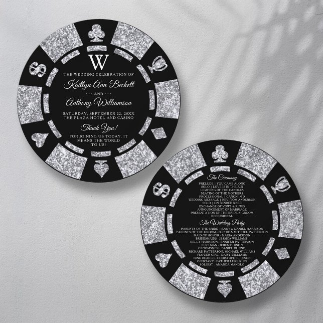 Silver Glitter Monogram Poker Chip Casino Bröllop Program (Skapare uppladdad)