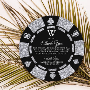 Silver Glitter Monogram Poker Chip Casino Bröllop Tack Kort