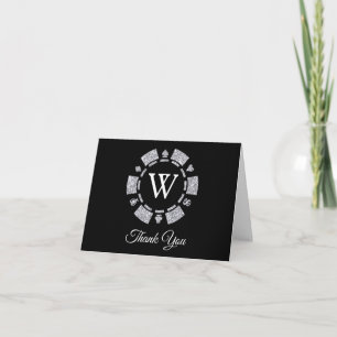 Silver Glitter Monogram Poker Chip Casino Bröllop Tack Kort