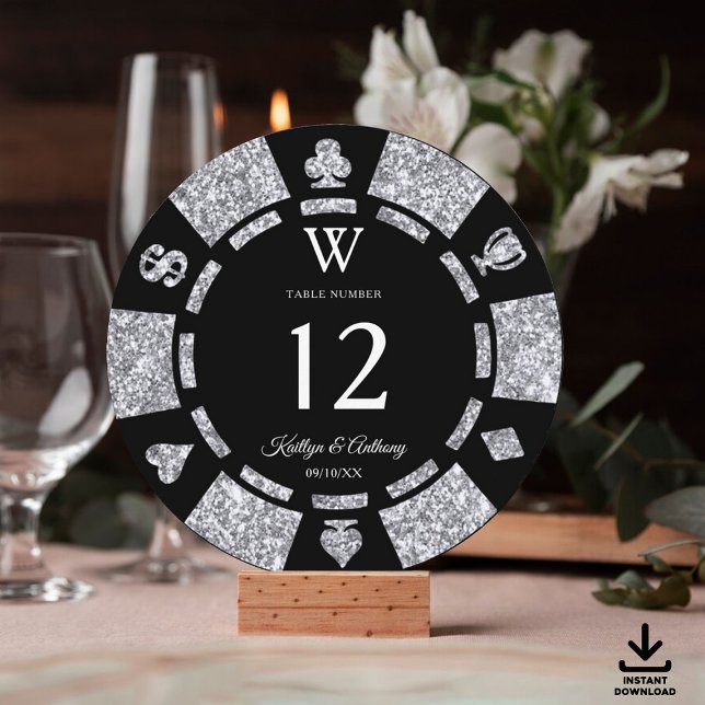 Silver Glitter Monogram Poker Chip Casino Wedding Inbjudningar (Skapare uppladdad)