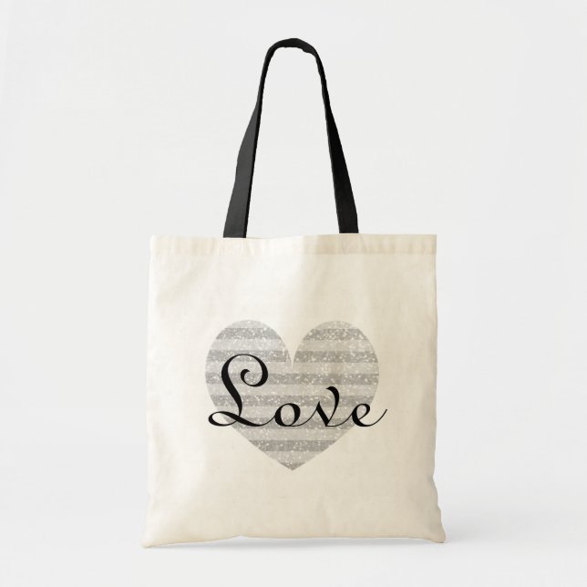 Silver glitter monogram stomme randig kärlek hjärt tygkasse (Framsidan)