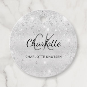 Silver glitter monogramnamnskrift gåvor etiketter