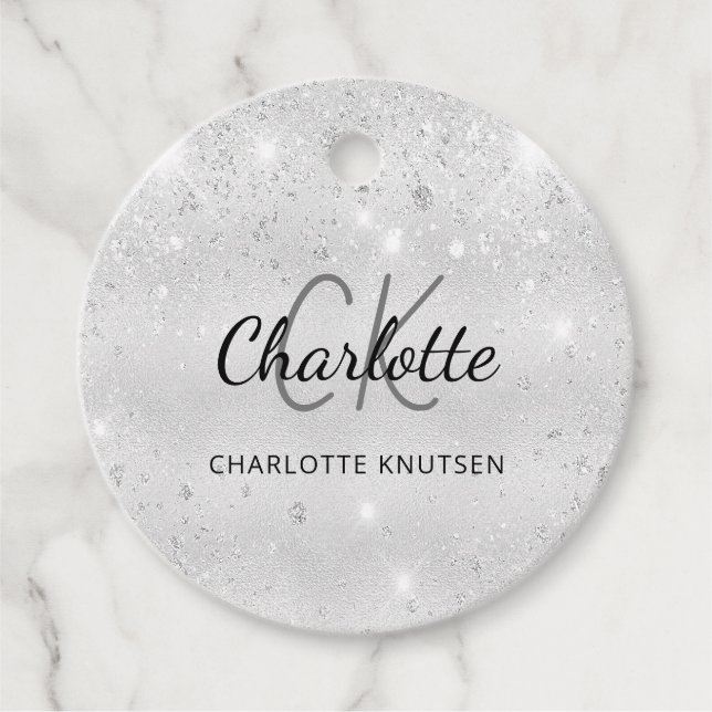 Silver glitter monogramnamnskrift gåvor etiketter (Framsida)