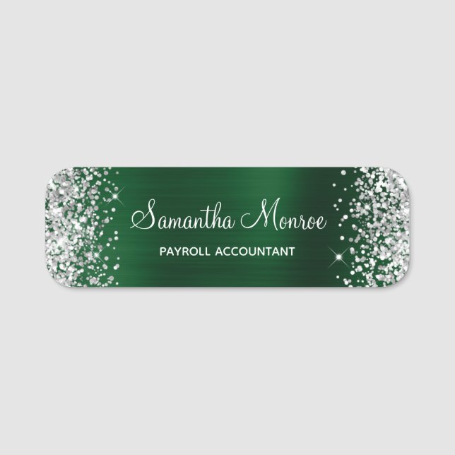 Silver Glitter Mörk Grön Folie Namn Titel Namnbricka (Framsida)