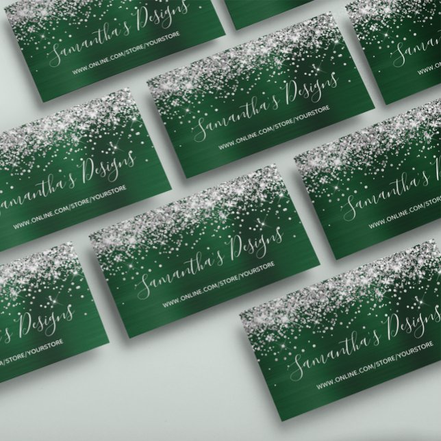 Silver Glitter Mörk Grön Folie Webbutik Visitkort (Silver Glitter Dark Green Foil Online Store Business Card)