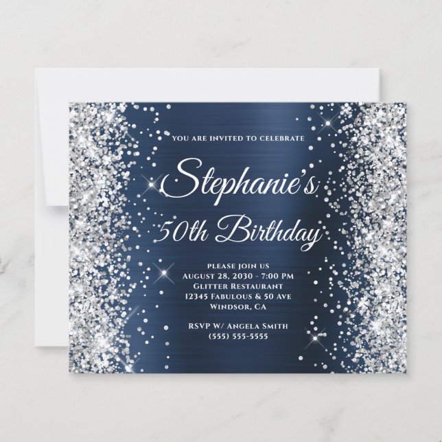 Silver Glitter Mörk Marinblå Folie 50-årsdag (Framsida)