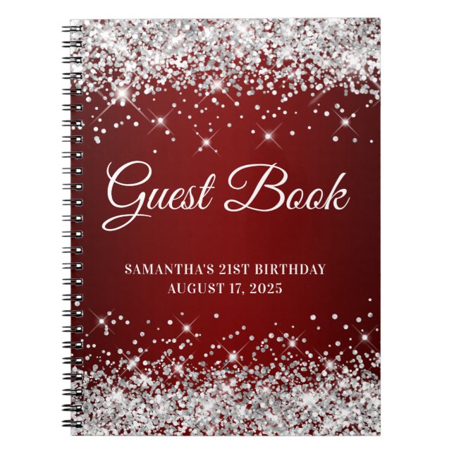 Silver Glitter Mörk Red 21 Birthday Guestbook Anteckningsbok (Framsidan)