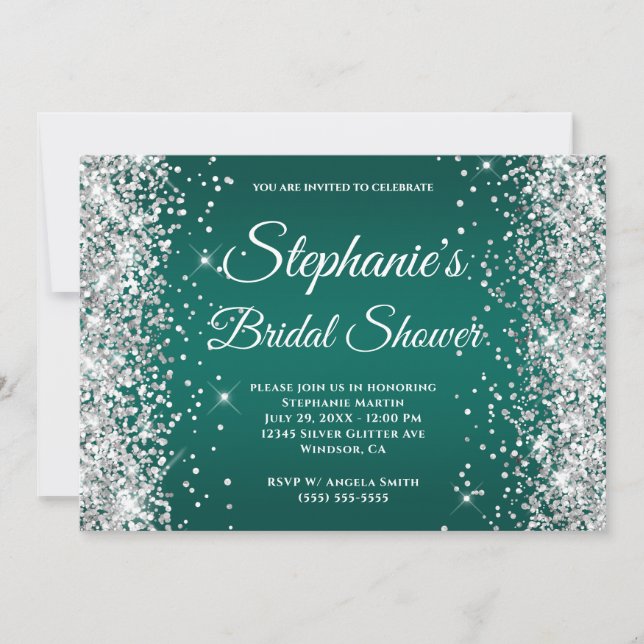 Silver Glitter Mörk Turkos Ombre Fin Monogram Inbjudningar (Framsida)