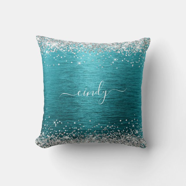 Silver Glitter Mörk Turquise Brushed Metall Namn Kudde (Framsida)