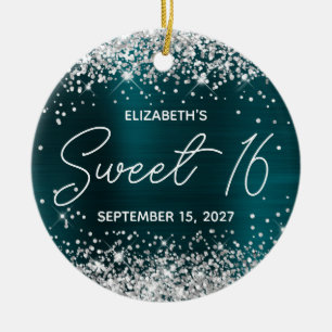 Silver Glitter Mörk Turquise Finare Sweet 16 Photo Julgransprydnad Keramik