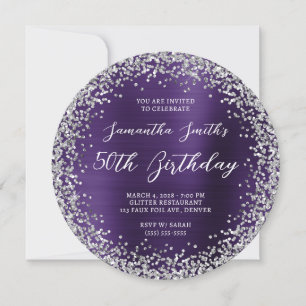 Silver Glitter Mörk Violet Foil 50:e födelsedagen Inbjudningar