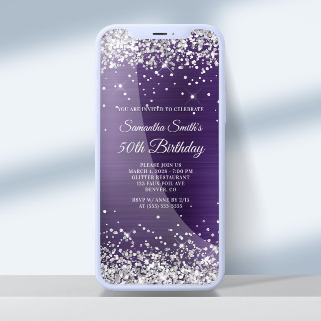 Silver Glitter Mörk Violet Lila 50:e födelsedagen Inbjudningar (Skapare uppladdad)