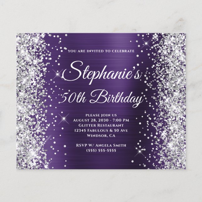 Silver Glitter Mörk Violett Folie 50-årsfirande Flygblad (Framsidan)