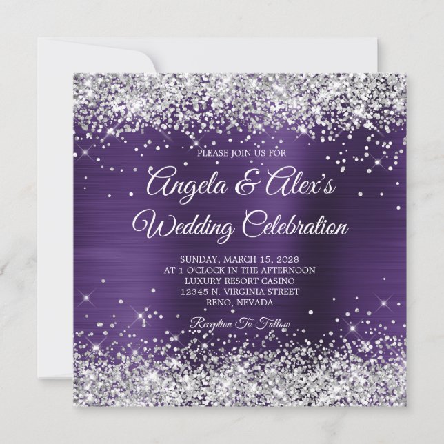 Silver Glitter Mörk Violett Folie Elegant Bröllop Inbjudningar (Framsida)