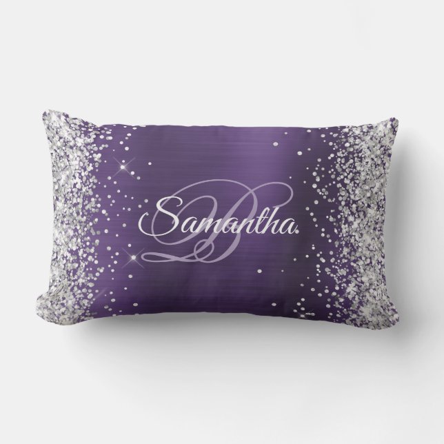 Silver Glitter Mörk Violett Folie Fancy Monogram Lumbarkudde (Framsida)