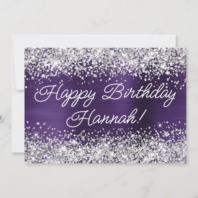 Silver Glitter Mörk Violett Folie Glad Födelsedag Kort (Framsida)