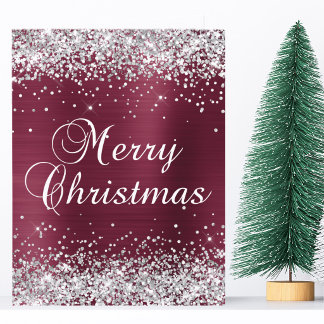 Silver Glitter Mörkröd Folie God Jul Kort
