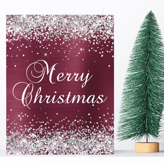 Silver Glitter Mörkröd Folie God Jul Kort (Silver Glitter Dark Red Foil Big Merry Christmas Card)
