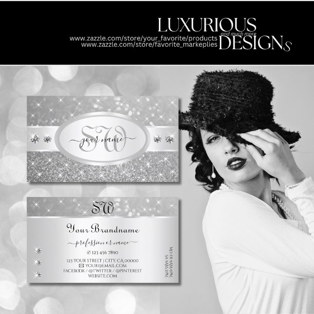 Silver Glitter-mousserande stjärnor Diamonds Initi Visitkort (Skapare uppladdad)
