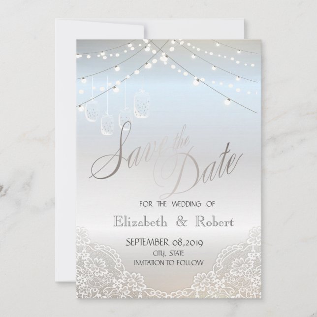 Silver Glitter, Murad Glas, Lace Save The Date Spara Datumet (Framsida)