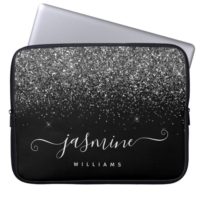 Silver glitter name monogram on black background laptop fodral (Framsidan)