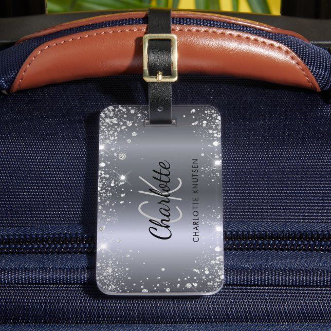 Silver glitter namn monogram initialer bagagebricka (Framsida Insitu 2)