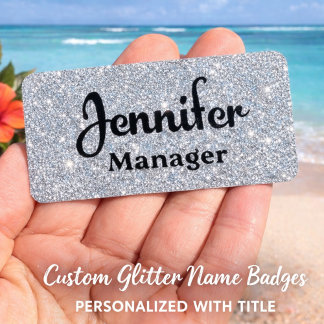 Silver glitter namnskylt PIN eller MAGNET arbetsmä Namnbricka