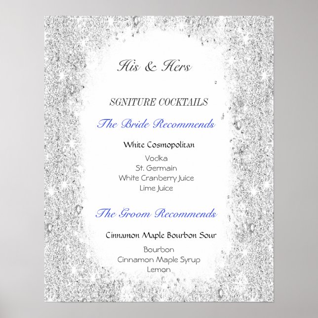 Silver Glitter, Namnteckning Cocktails, Anpassning Poster (Framsidan)