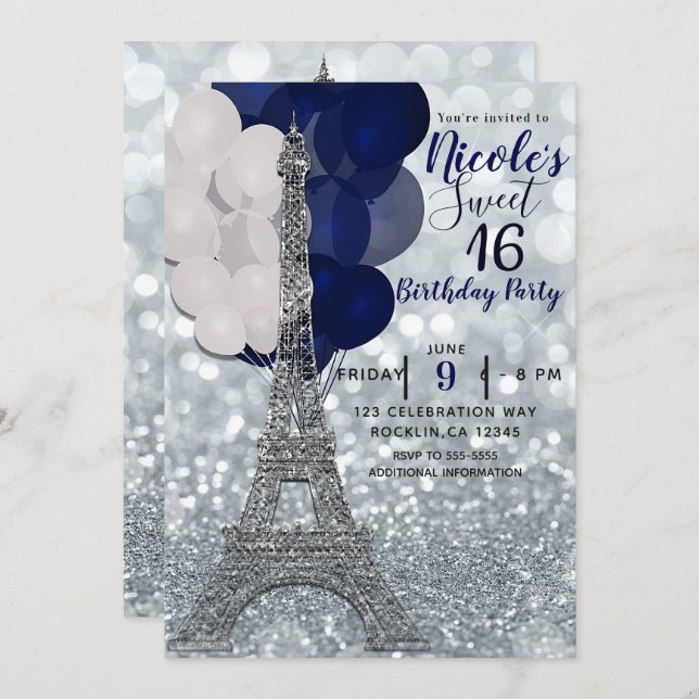 Silver Glitter Navy Ballonger Paris Eiffeltornet Inbjudningar (Fram/baksida)
