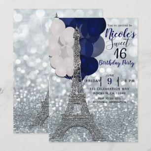 Silver Glitter Navy Ballonger Paris Eiffeltornet Inbjudningar