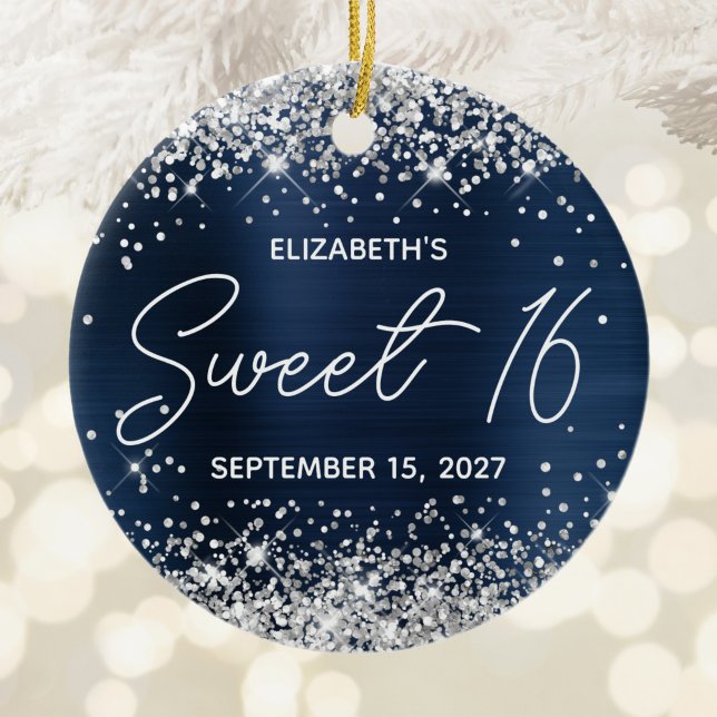 Silver Glitter Navy Blue Fancy Sweet 16 Foto Julgransprydnad Keramik (Silver Glitter Navy Blue Fancy Sweet 16 Photo Ceramic Ornamen)
