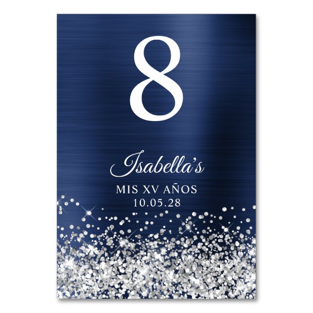 Silver Glitter Navy Blue Foil Mis XV Anos Bordsnummer (Framsidan)