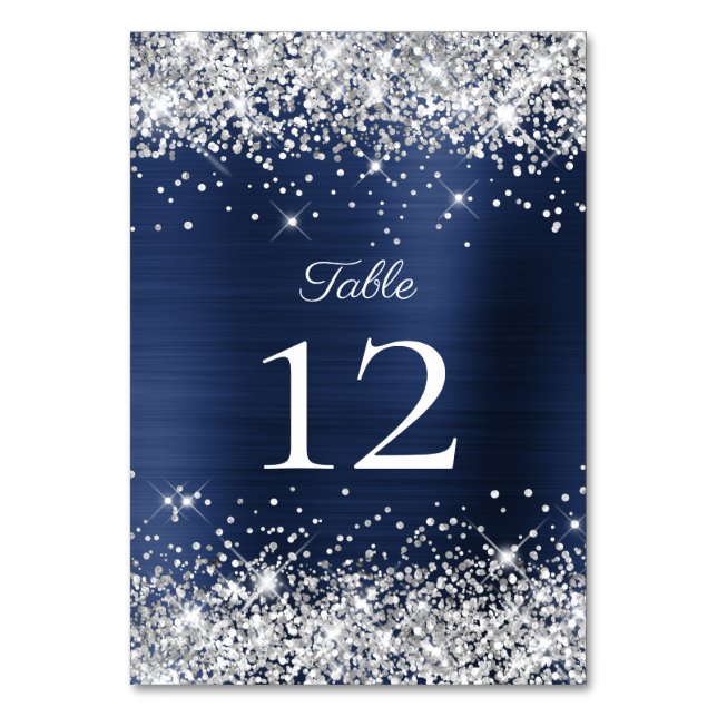 Silver Glitter Navy Blue Folie Bröllop Bordsnummer (Framsidan)