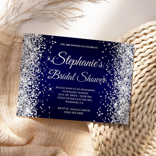 Silver Glitter Navy Gradient Fancy Monogram Inbjudningar (Modern navy and faux silver glitter Bridal Shower invite.)