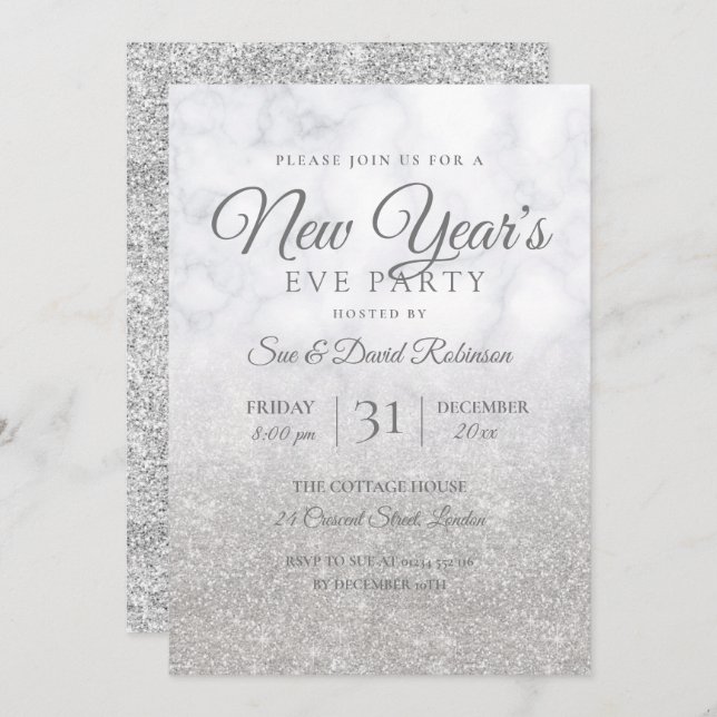 Silver Glitter Nyårsafton Party Marble Inbjudningar (Fram/baksida)