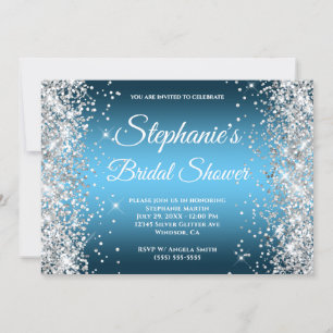 Silver Glitter Ocean Himmel Blå Ombre Fancy Monogr Inbjudningar
