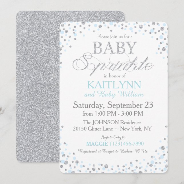 Silver Glitter och Blue Sprinkle Baby Shower Inbjudningar (Fram/baksida)