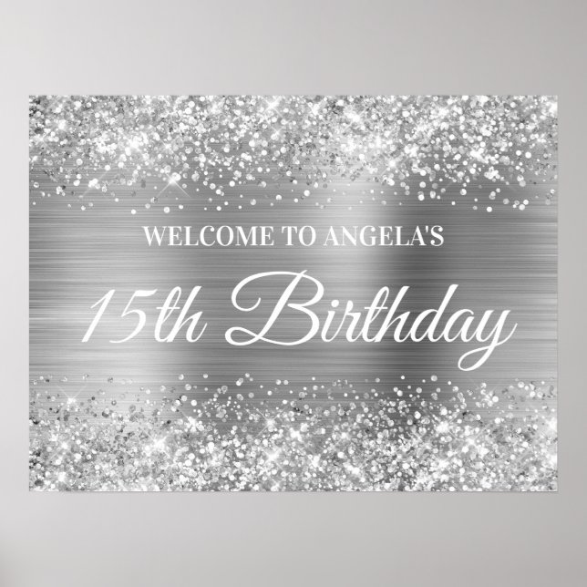 Silver Glitter och Foil 15:e födelsedag Välkomna Poster (Framsidan)