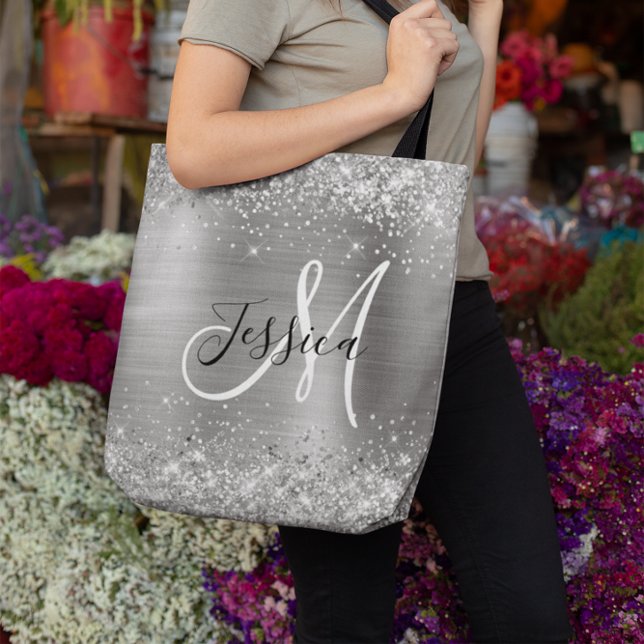 Silver Glitter och Foil Girly Monogrammed Tygkasse (Silver Glitter and Foil Girly Monogrammed Tote Bag)