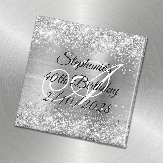Silver Glitter och Foil Monogrammed 40 födelsedaga Magnet (Skapare uppladdad)