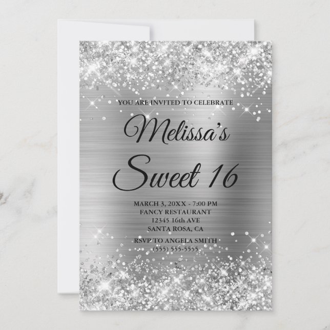 Silver Glitter och Foil Sweet 16 Finare Monogram Inbjudningar (Framsida)