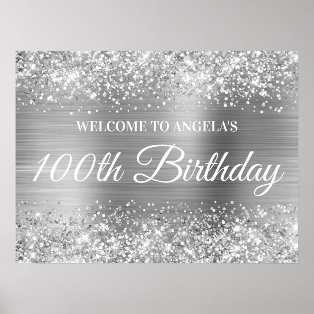 Silver Glitter och Folie 100-års Födelsedags Hälsn Poster (Framsidan)