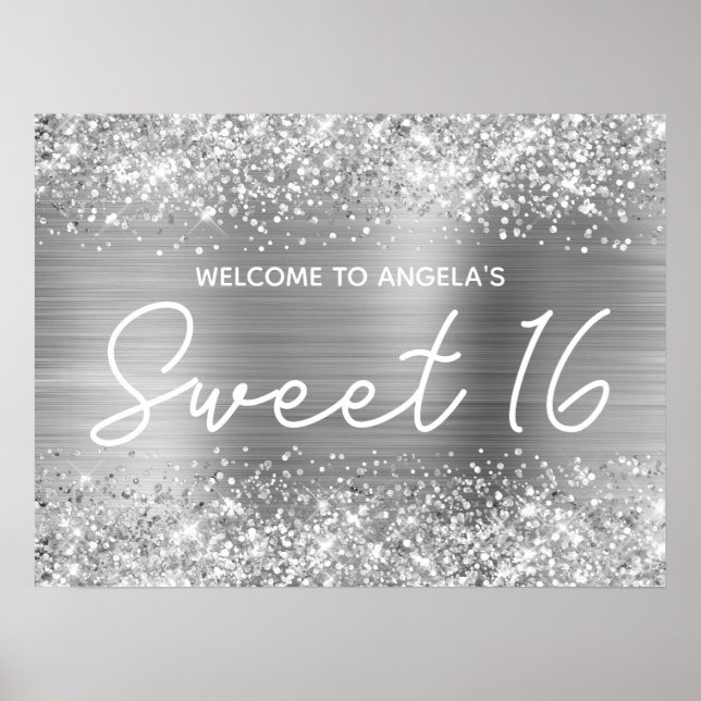 Silver Glitter och Folie Sweet 16 Välkommen Poster (Framsidan)