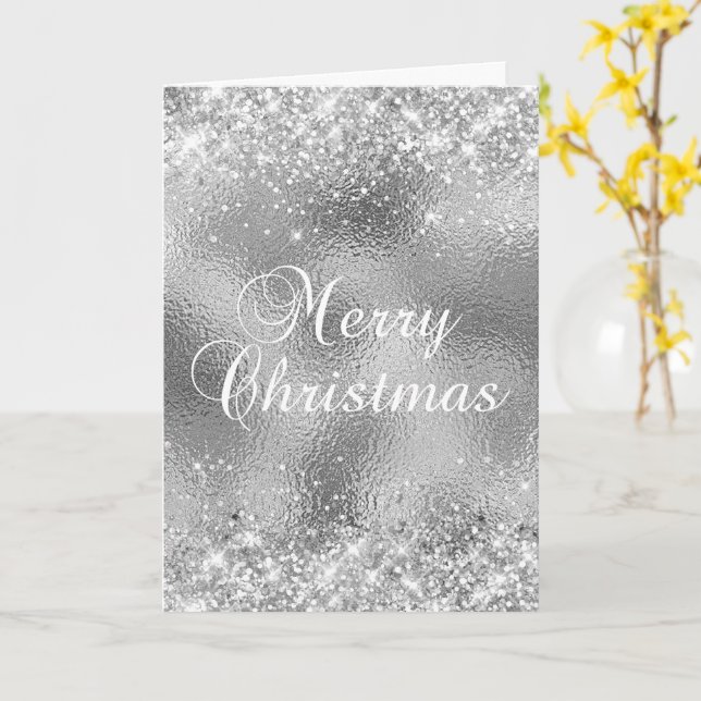 Silver Glitter och Glasfolie God Jul Kort (Gul blomma)