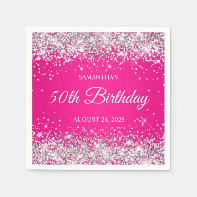 Silver Glitter och Hot Pink 50-årsdag Pappersservett (Framsidan)