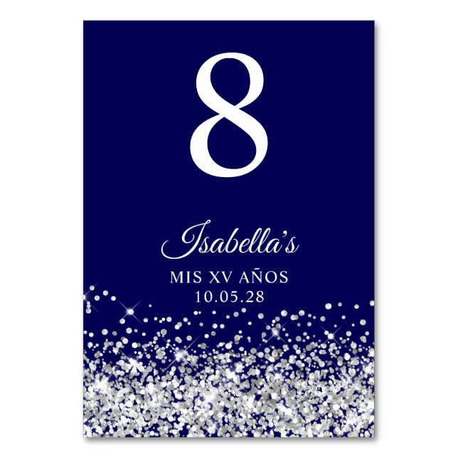 Silver Glitter och marinblått mis XV Anos Bordsnummer (Framsidan)