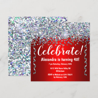 Silver Glitter och Metallic Red 40:e födelsedagen Inbjudningar
