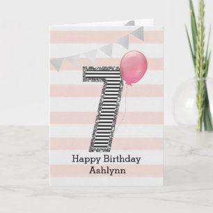 Silver Glitter och Rosa 7-års födelsedag Kort