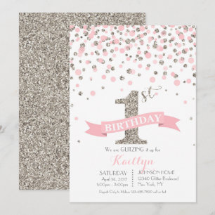 Silver Glitter och Rosa Sprinkles Modern födelseda Inbjudningar