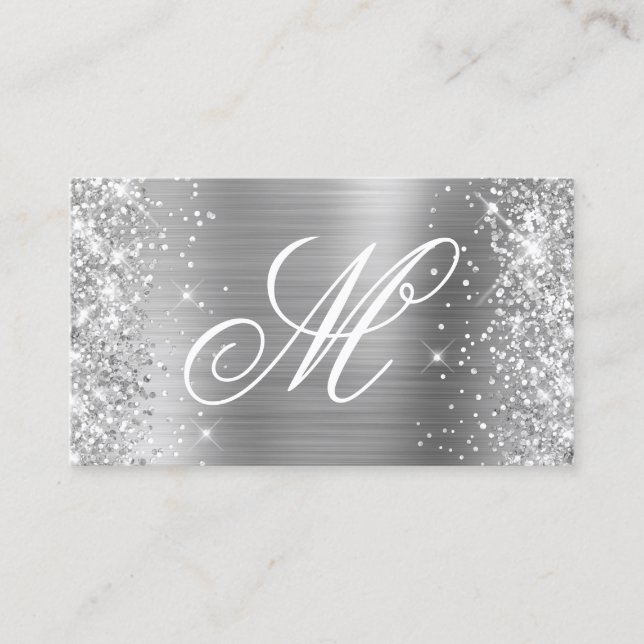 Silver Glitter och Shiny Folie Snygg Monogram Visitkort (Framsida)